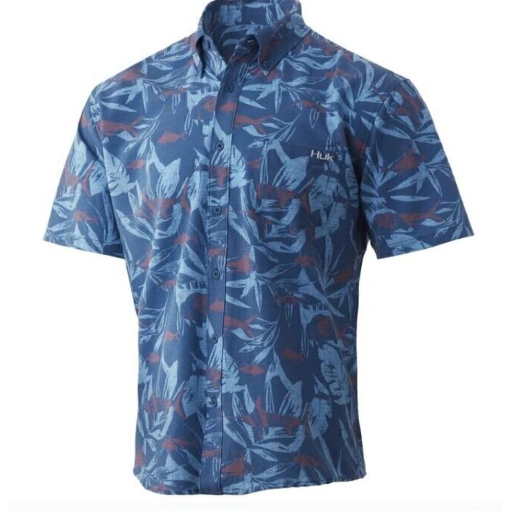 New Huk Kona Ocean Palm Shirt Mens S Blue Palm Fish Print Short Sleeve Button